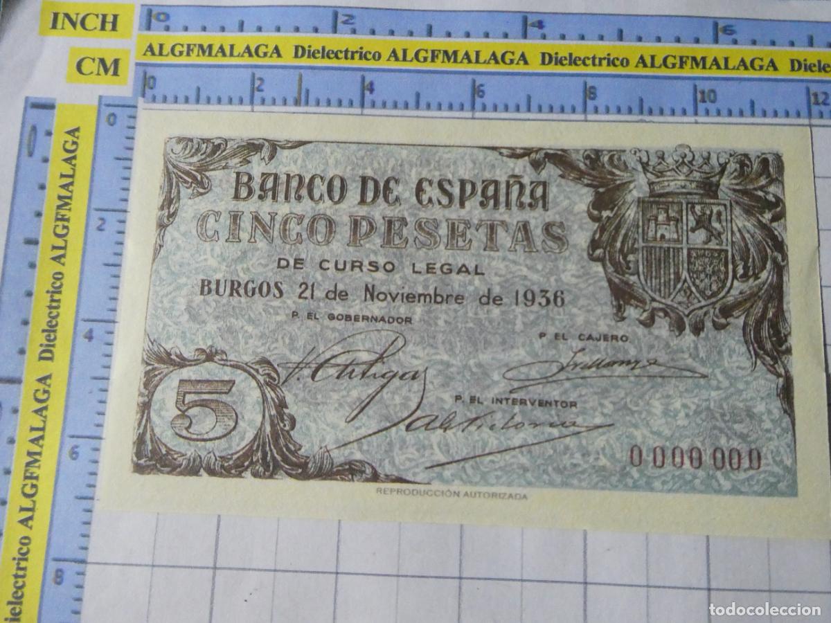Reproductions billets et monnaies: BILLETE FACS&Iacute;MIL DE ESPA&Ntilde;A. SERIE BILLETES DEL FRANQUISMO. 5 PESETAS 21 NOVIEMBRE 1936. 1