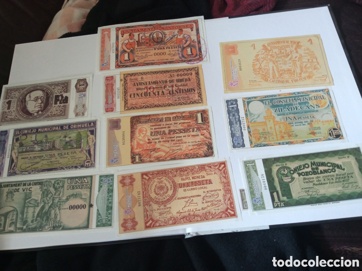 Reproducciones billetes y monedas: 10 reproducciones de billetes de 1 peseta de 1937, Guerra Civil Espa&ntilde;ola