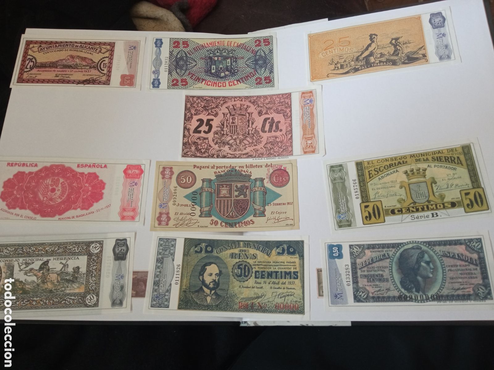Replikate von Banknoten und M&uuml;nzen: Reproducci&oacute;n de billetes de 50 c&eacute;ntimos y 4 de 25 c&eacute;ntimos de 1937,Guerra Civil Espa&ntilde;ola