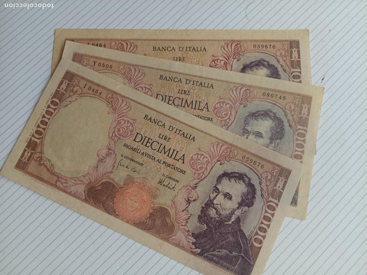 Reproducciones billetes y monedas: Italia. 3 billetes falsos nuevos, 10000 LIRAS/LIRE MICHELANGELO 08/06/1970 Misma numeraci&oacute;n