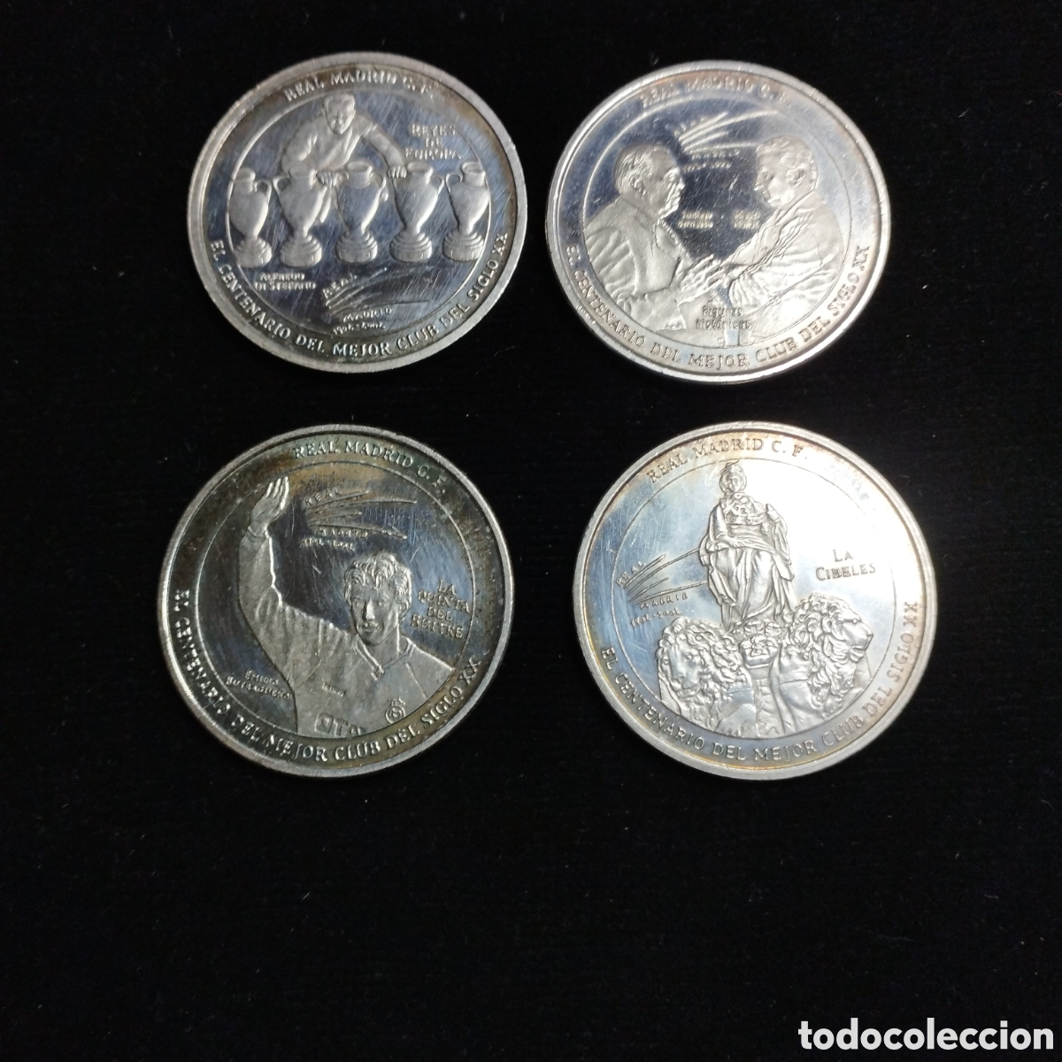 Reproducciones billetes y monedas: Lote x4 monedas Centenario del Real Madrid. Ba&ntilde;o de Plata.