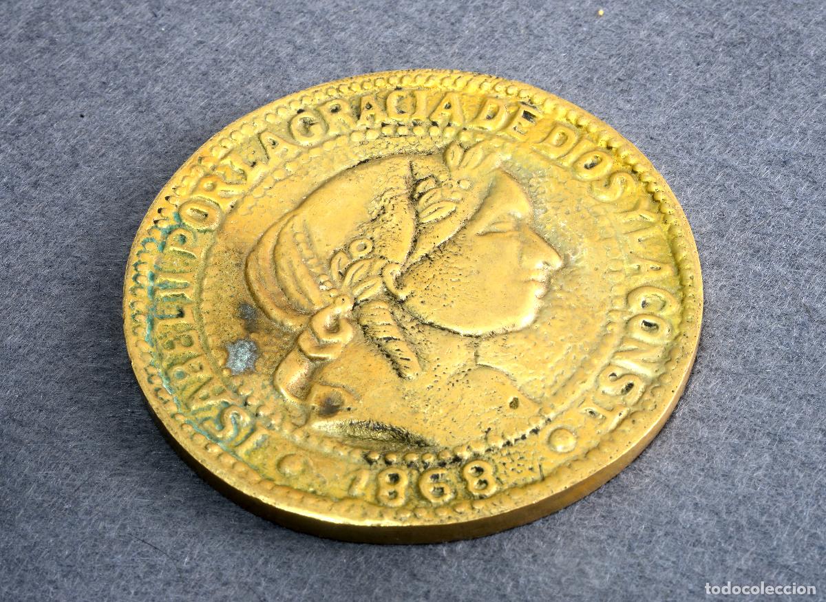 Reproducciones billetes y monedas: Reproducci&oacute;n en bronce (SOLO EL ANVERSO) moneda espa&ntilde;ola 1868, Isabel II