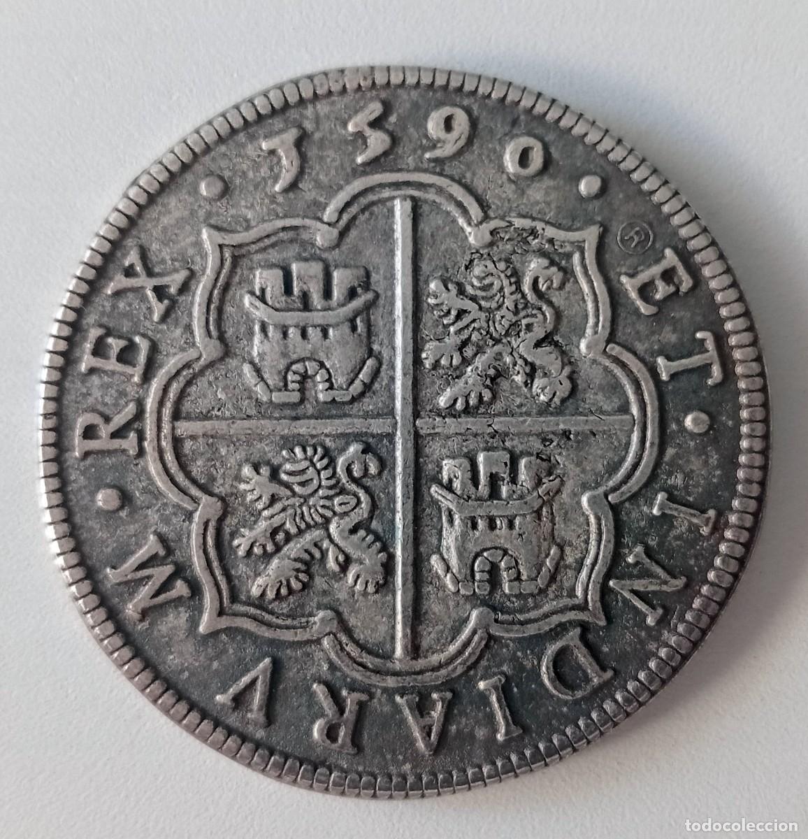 Reprodu&ccedil;&otilde;es notas e moedas: REPRODUCCI&Oacute;N MONEDA 1590 PHILIPP VIII VS.D.G. HISPANIARUM ET.INDIARV M. REX