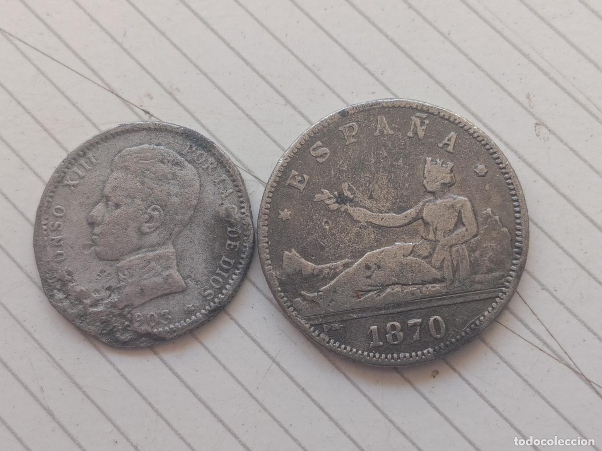 Reproducciones billetes y monedas: 1 peseta y 2 pesetas falsas de &eacute;poca