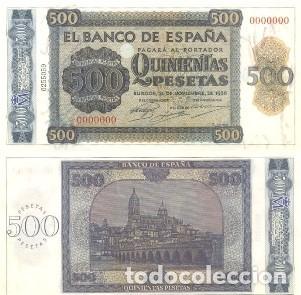 Reproductions Banknotes and Coins: REPRODUCCION DE BILLETE DE ESPA&Ntilde;A, QUINIENTAS PESETAS 21 DE NOVIEMBRE 1936. BILL-946
