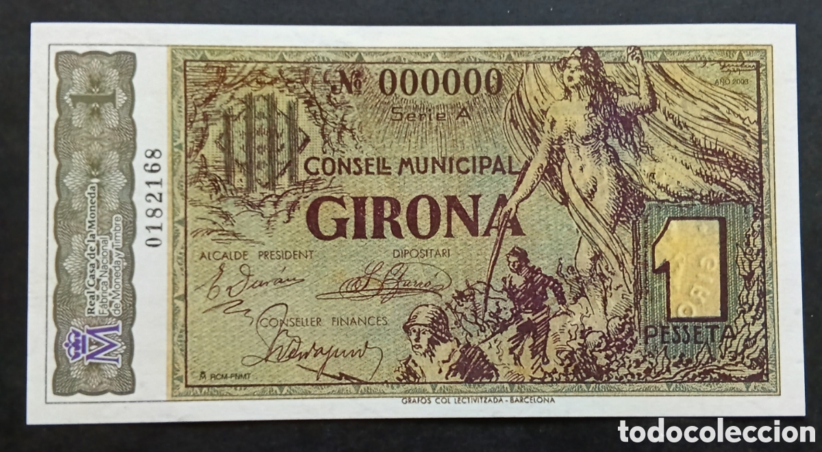 Reproducciones billetes y monedas: Billete reproducci&oacute;n,de Girona,FNMT