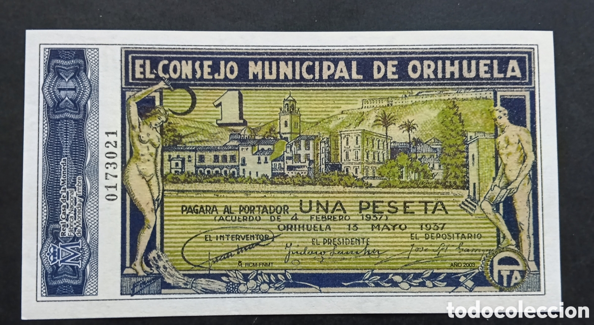 Reproducciones billetes y monedas: Billete reproducci&oacute;n FNMT 1 pta Orihuela Alicante