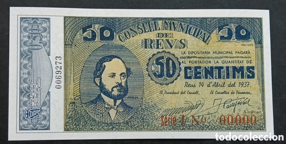 Reproducciones billetes y monedas: Billete reproducci&oacute;n FNMT Reus Tarragona