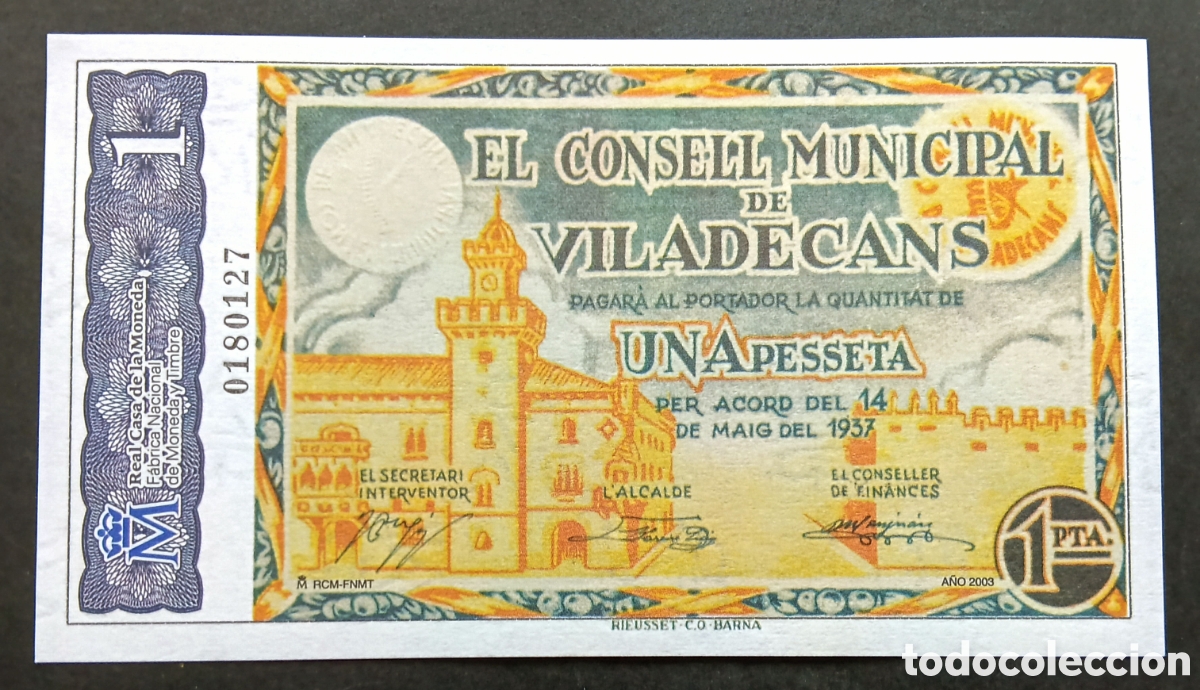 Reproducciones billetes y monedas: Billete reproducci&oacute;n FNMT VILADECANS,1937