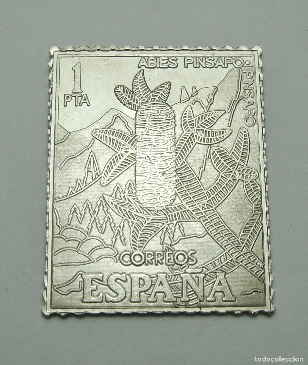 Reproductions billets et monnaies: Reproducci&oacute;n en PLATA de Sello de Correos &ldquo;Abies Pinsapo&rdquo; &middot; 1 Peseta &middot; C&aacute;diz &middot; ca. 1970&ndash;1980