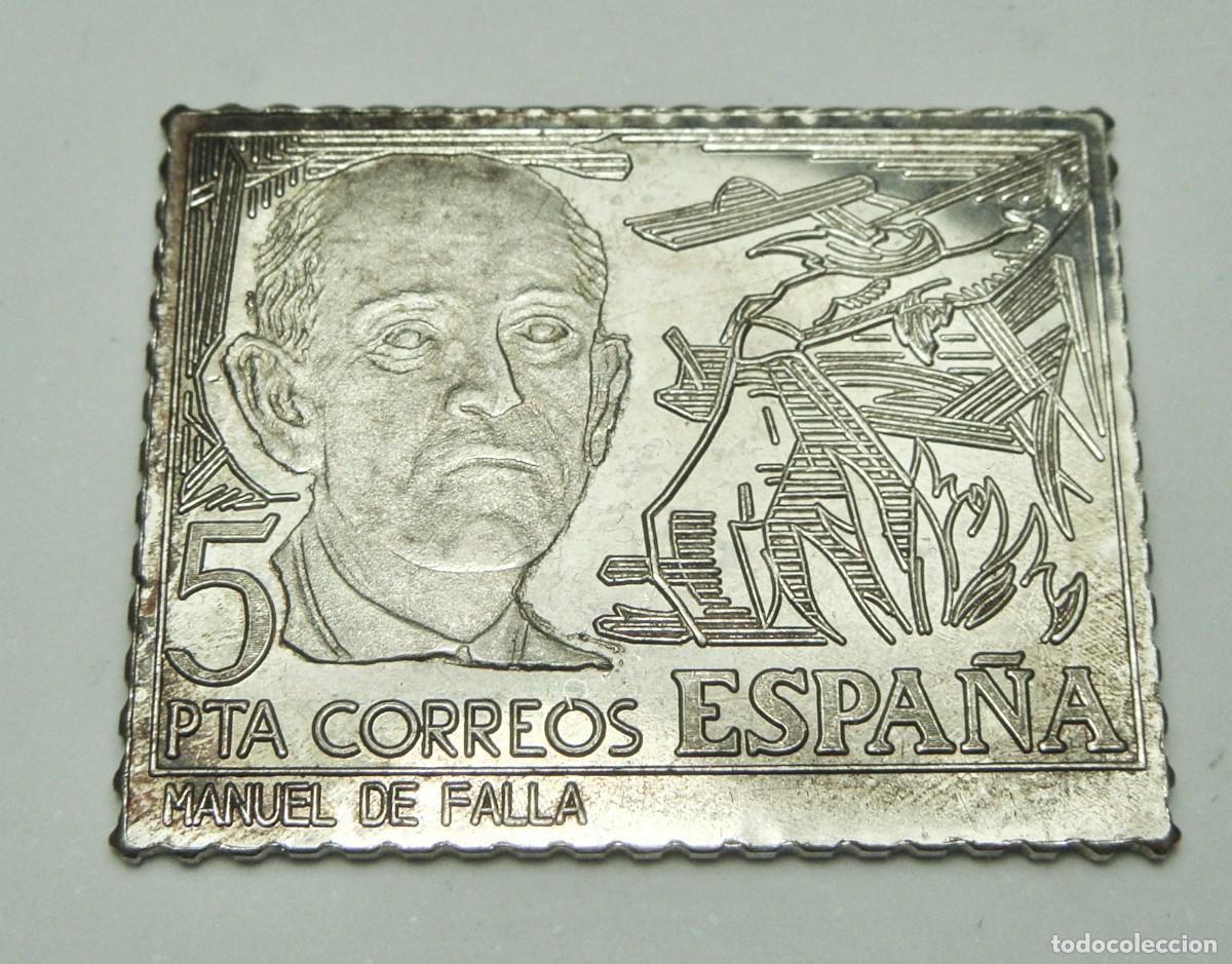 Reproductions billets et monnaies: Reproducci&oacute;n en Plata de Sello de Correos &ldquo;Manuel de Falla&rdquo; &middot; 5 Pesetas &middot; C&aacute;diz &middot; ca. 1970&ndash;1980