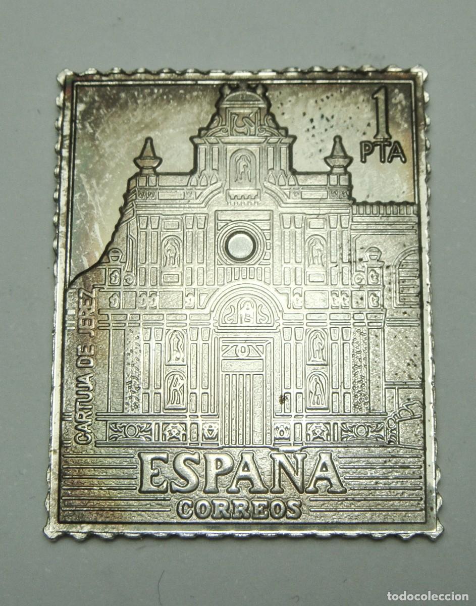 Reproductions billets et monnaies: Reproducci&oacute;n en Plata de Sello de Correos &ldquo;Cartuja de Jerez&rdquo; &middot; 1 Peseta &middot; C&aacute;diz &middot; ca. 1970&ndash;1980