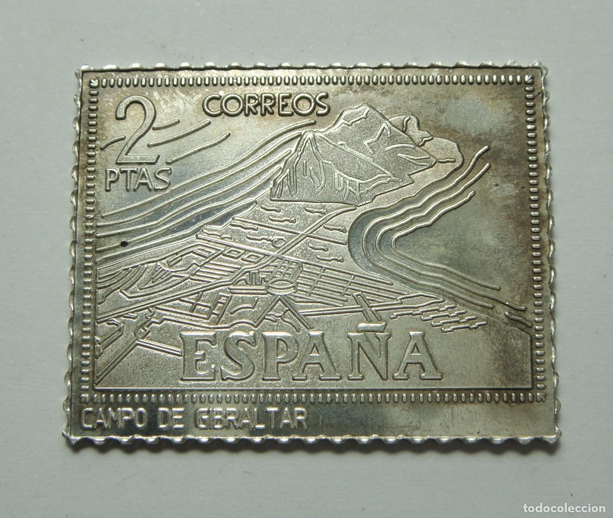 Reproductions billets et monnaies: Reproducci&oacute;n en Plata de Sello de Correos &ldquo;Campo de Gibraltar&rdquo; &middot; 2 Pesetas &middot; C&aacute;diz &middot; ca. 1970&ndash;1980
