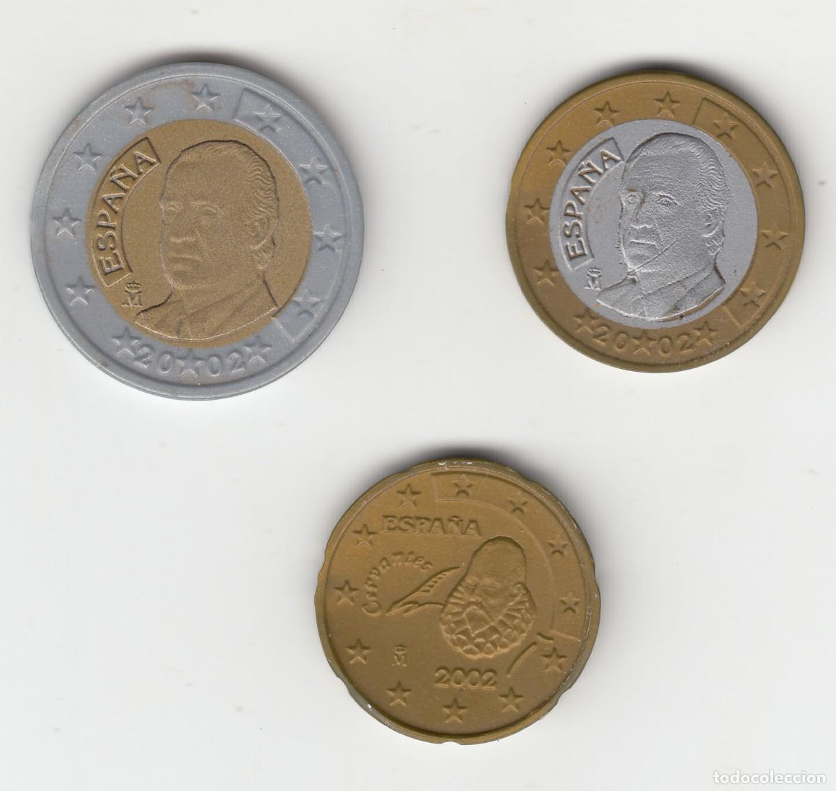 Reproducciones billetes y monedas: 2002 3 MONEDAS DE PLASTICO 2, 1 EURO y 20 CTS DE EURO. REPRODUCCIONES