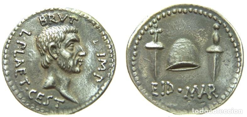Reproducciones billetes y monedas: Buena reproducci&oacute;n en plata de Denario de los Idus de Marzo, Marco Junio Bruto