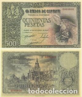 Reproducciones billetes y monedas: REPRODUCCION DE BILLETE DE ESPA&Ntilde;A, QUINIENTAS PESETAS 21 DE OCTUBRE DE 1940. BILL-958