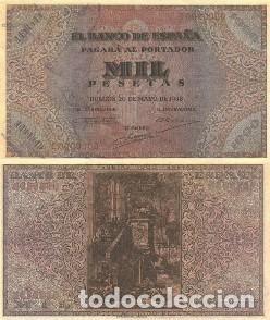 Reproducciones billetes y monedas: REPRODUCCION DE BILLETE DE ESPA&Ntilde;A, MIL PESETAS 20 DE MAYO DE 1938. BILL-962