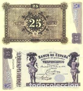 Reproducciones billetes y monedas: REPRODUCCION DE BILLETE DE ESPA&Ntilde;A, VEINTICINCO PESETAS 1 DE JULIO DE 1874. BILL-964
