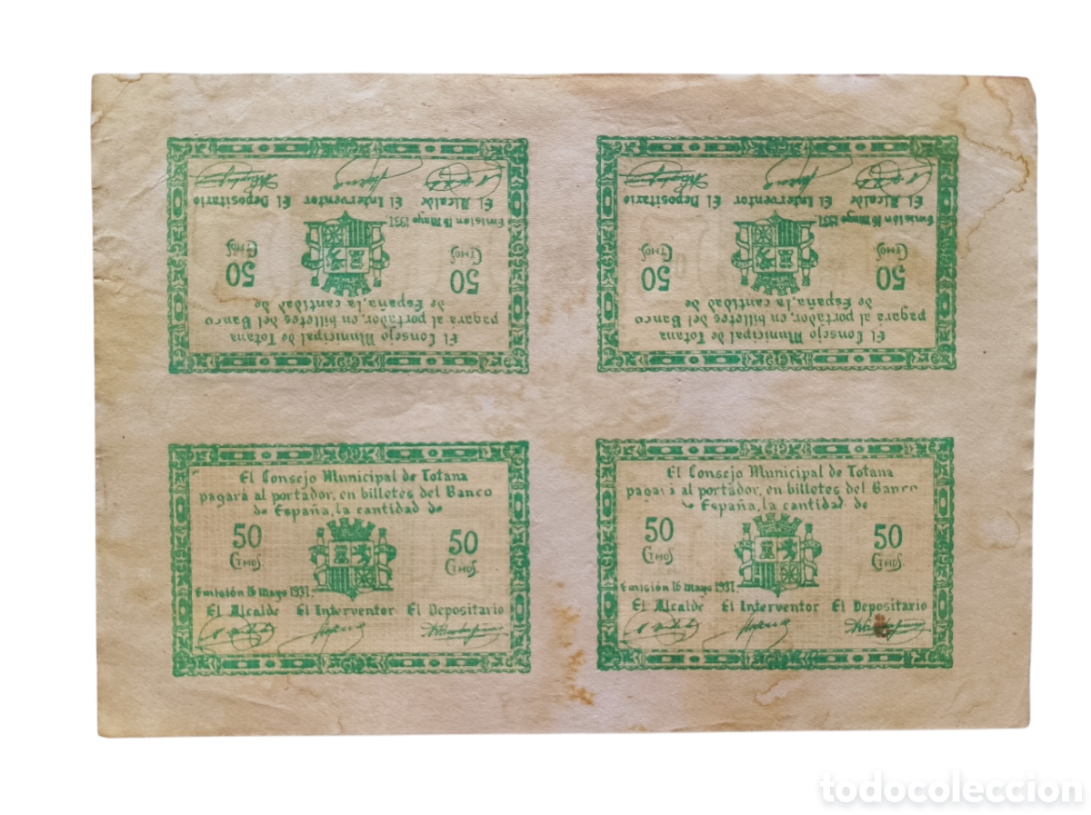 Riproduzioni banconote e monete: Raro Fliego de 4 Billetes locales sin cortar de TOTANA Murcia 50 cent.