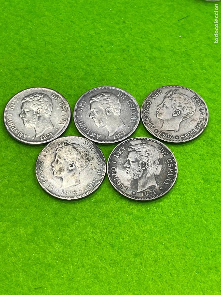 Reproducciones billetes y monedas: Espa&ntilde;a, lote 5 duros falsos, 5 pesetas reproducci&oacute;n moderna , 47682, repro