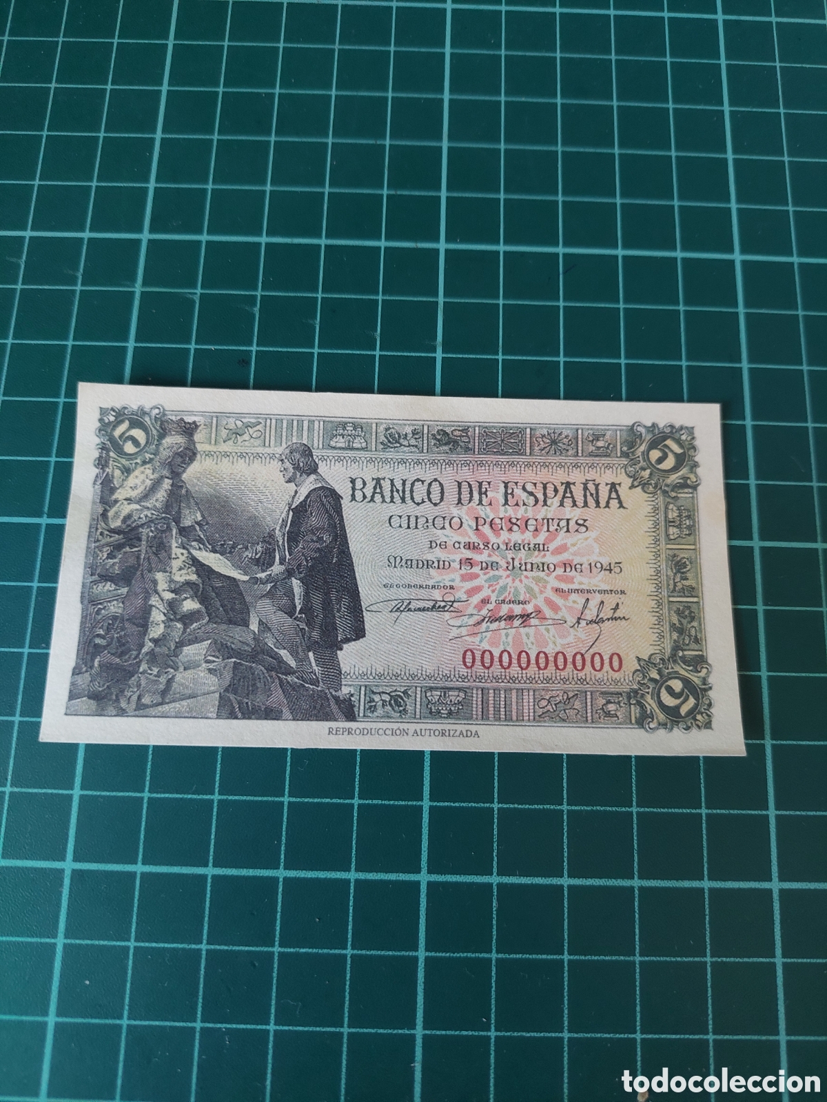 Reproducciones billetes y monedas: REPRODUCCI&Oacute;N AUTORIZADA CINCO PESETAS 1945 ESPA&Ntilde;A SIN CIRCULAR