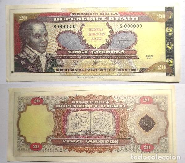 Reproducciones billetes y monedas: Billete Facs&iacute;mil ,20 gourdes de Hait&iacute; de 2001. Colecci&oacute;n todos los billetes del Mundo