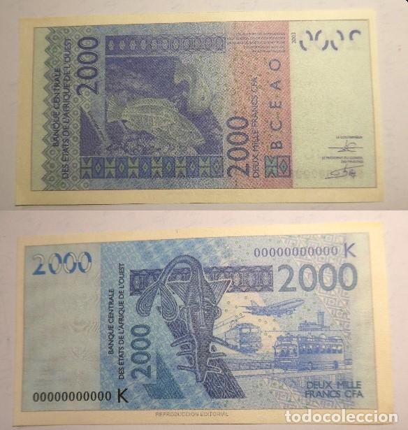 Reproducciones billetes y monedas: Billete Facs&iacute;mil ,2000 francos CFA &Aacute;frica Occidental . Colecci&oacute;n todos los billetes del Mundo