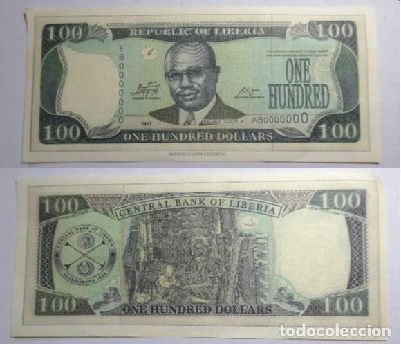 Reproducciones billetes y monedas: Billete Facs&iacute;mil ,100 d&oacute;lares de Liberia. Colecci&oacute;n todos los billetes del Mundo