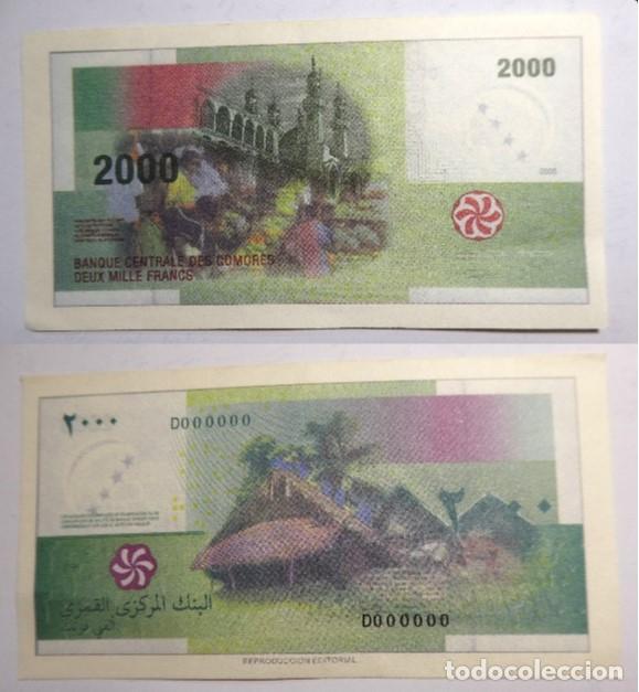 Reproducciones billetes y monedas: Billete Facs&iacute;mil , 2000 francos Banco Central de las Comoras. Colecci&oacute;n todos los billetes del Mundo