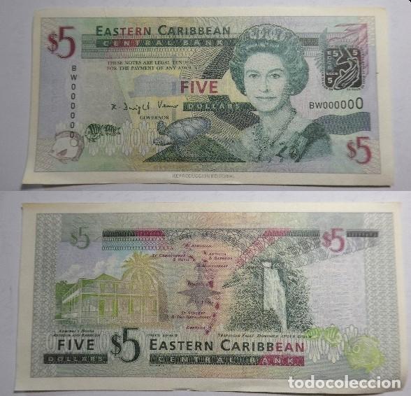 Reproducciones billetes y monedas: Billete Facs&iacute;mil ,5 d&oacute;lares del Banco del Caribe Oriental . Colecci&oacute;n todos los billetes del Mundo