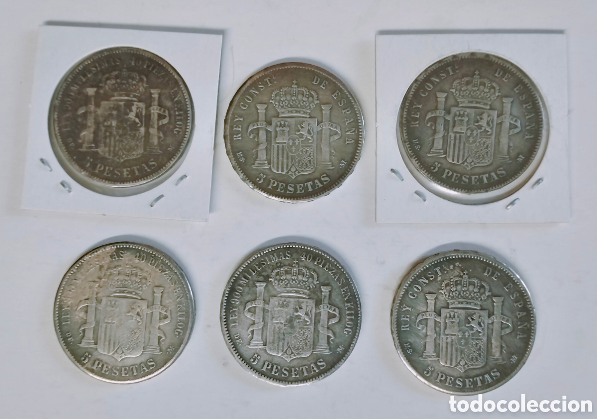 Reproducciones billetes y monedas: Lote 6 r&eacute;plicas de 5 pesetas Amadeo y Alfonso XIII