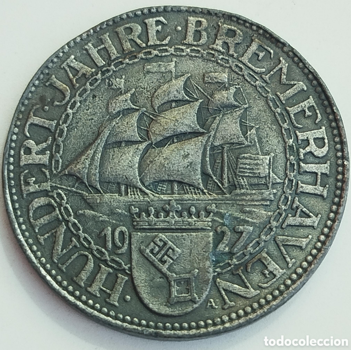Reproducciones billetes y monedas: Moneda 5 Reichsbank 1927 Aniversario Bremerhaven - Rep&uacute;blica de Weimar