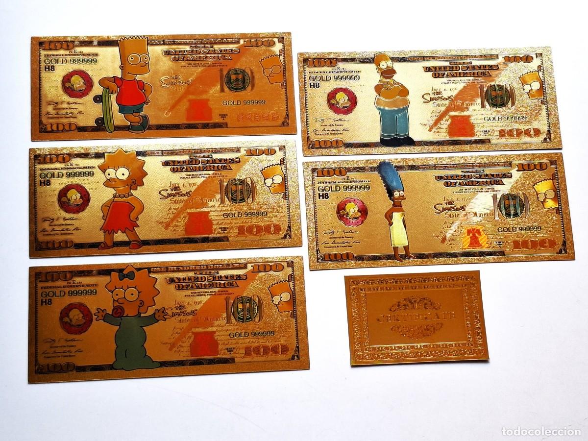 Reproducciones billetes y monedas: SET DE LAMINAS DE ORO 24.KT. - BILLETES THE SIMPOSONS A TAMA&Ntilde;O NATURAL 100 DOLLARS