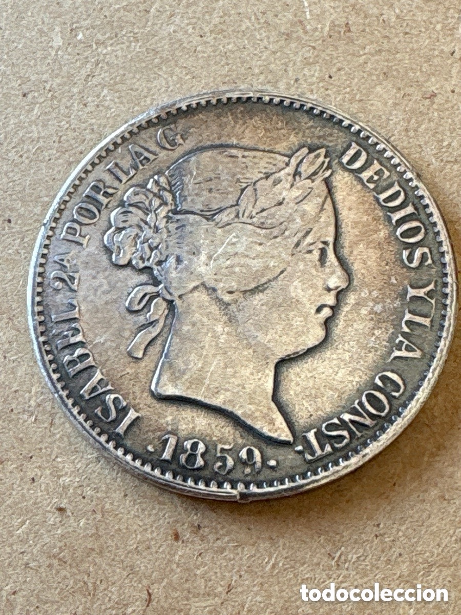 Riproduzioni banconote e monete: Moneda 20 reales 1859, Isabel II, reproducci&oacute;n (A21)