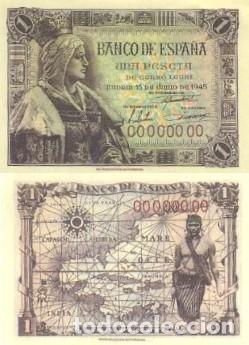Reproducciones billetes y monedas: REPRODUCCION DE BILLETE DE ESPA&Ntilde;A,UNA PESETA 15 DE JUNIO DE 1945. BILL-980