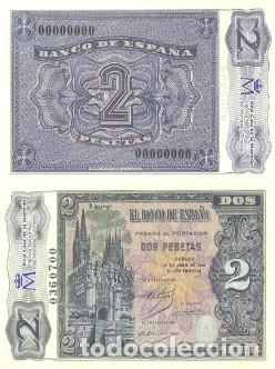 Reproducciones billetes y monedas: REPRODUCCION DE BILLETE DE ESPA&Ntilde;A, DOS PESETAS 30 DE ABRIL DE 1938. BILL-982 ,2