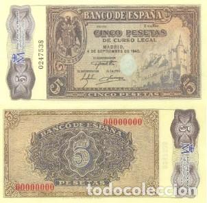 Reproducciones billetes y monedas: REPRODUCCION DE BILLETE DE ESPA&Ntilde;A, CINCO PESETAS 4 DE SEPTIEMBRE DE 1940. BILL-983
