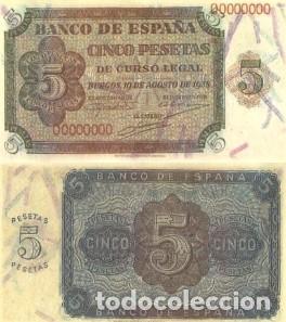Reproducciones billetes y monedas: REPRODUCCION DE BILLETE DE ESPA&Ntilde;A, CINCO PESETAS 10 DE AGOSTO 1938. BILL-991