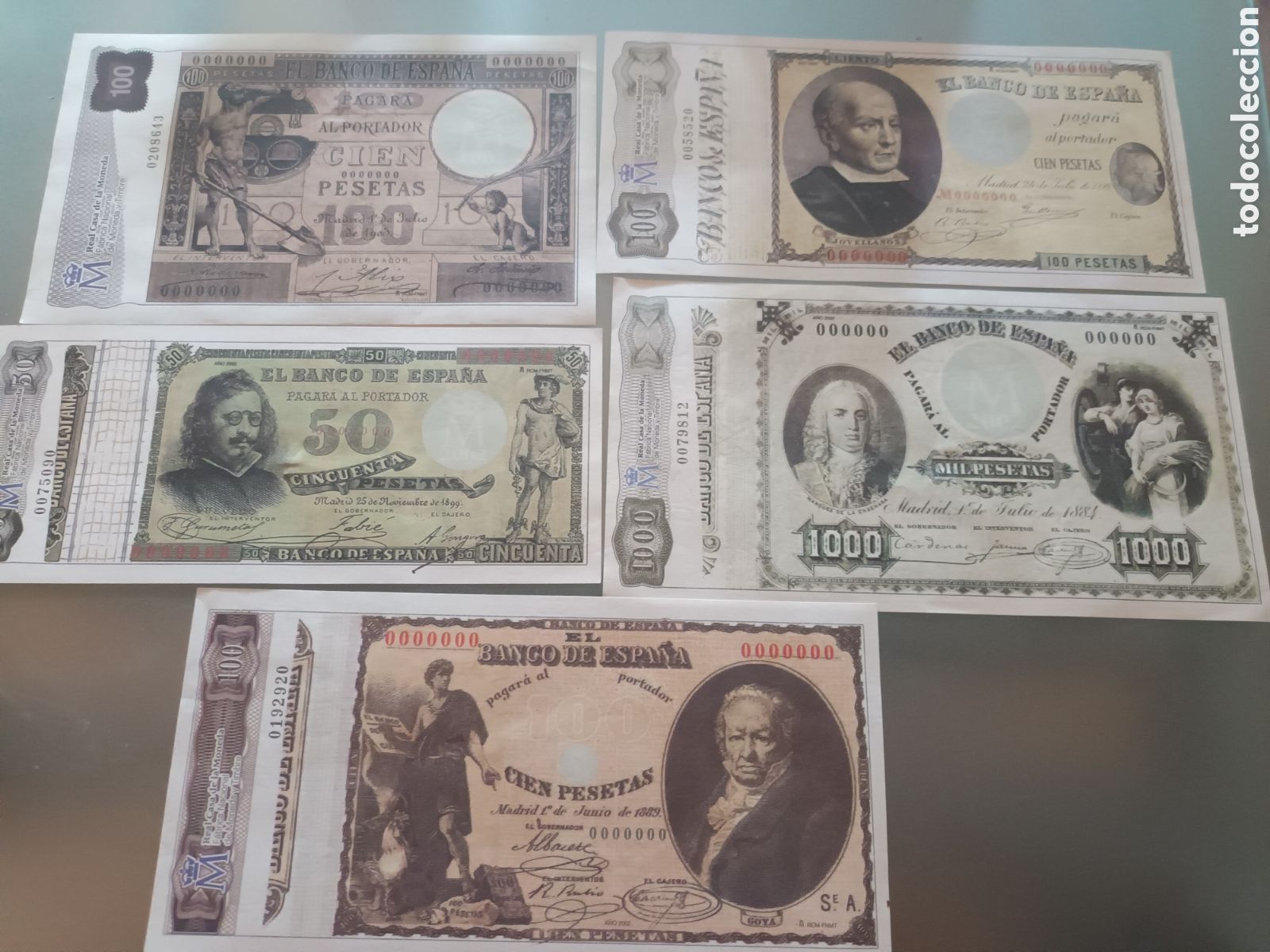 Reproducciones billetes y monedas: LOTE DE 5 REPLICAS DE BILLETES ANTIGUOS PERFECTO ESTADO