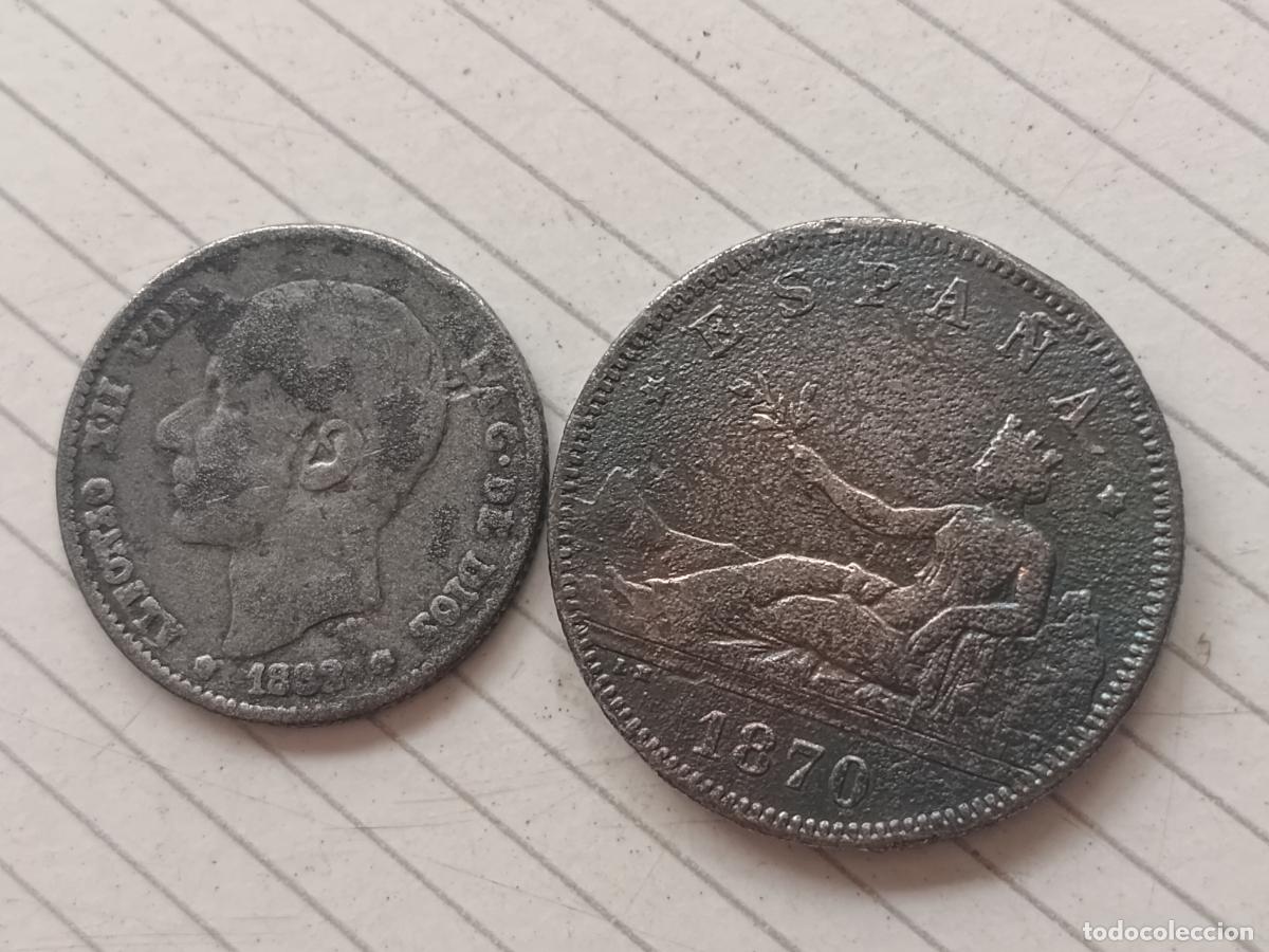 Reproducciones billetes y monedas: 1 peseta y 2 pesetas falsas de &eacute;poca