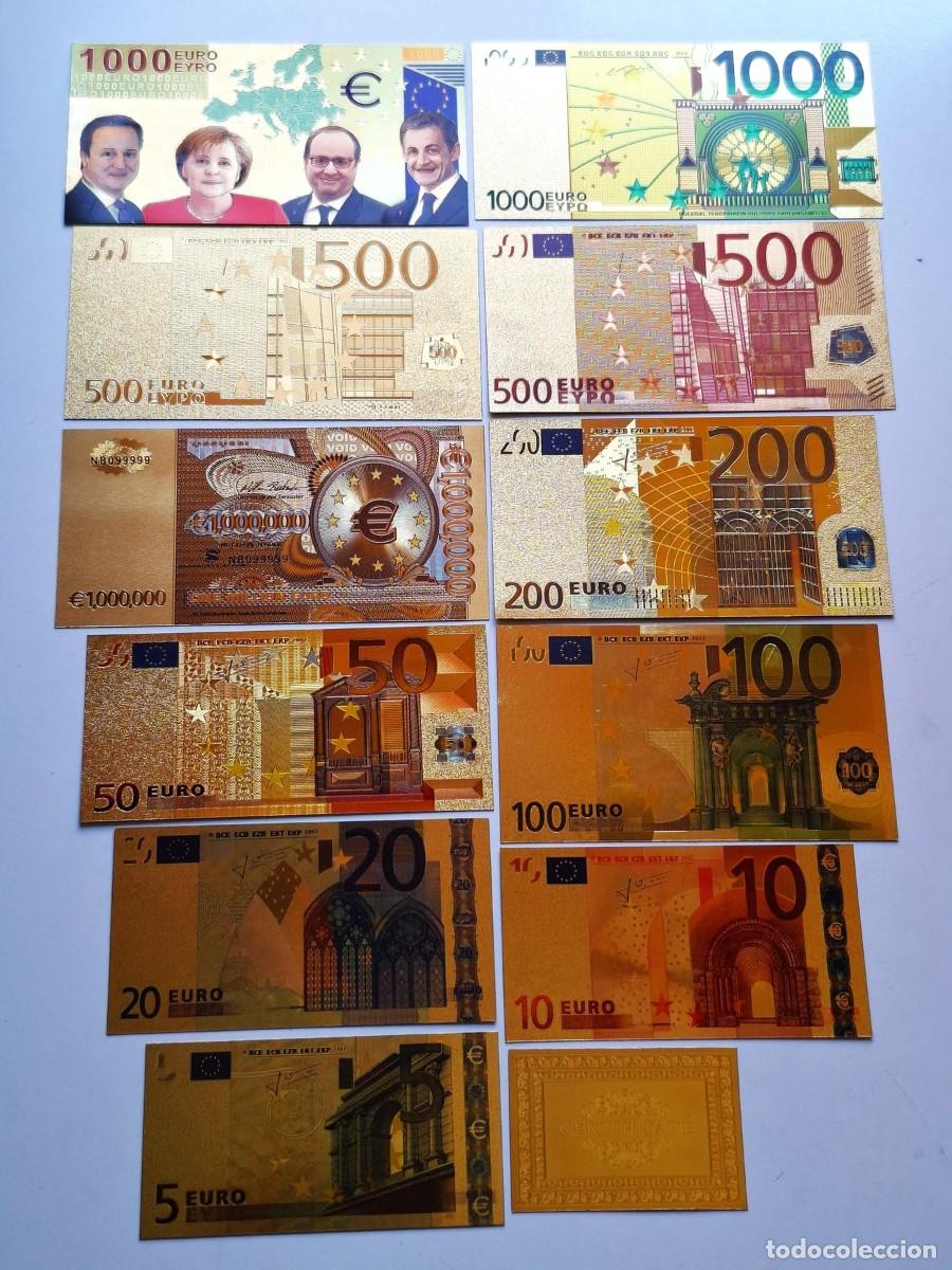 Reproducciones billetes y monedas: COLECCION COMPLETA DE BILLETES DE EUROS A TAMA&Ntilde;O NATURAL EN LAMINAS DE ORO 24.kt + CERTIFICADO