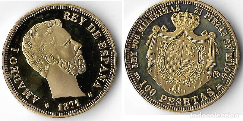 Reproducciones billetes y monedas: ESPA&Ntilde;A -AMADEO I -1871- 100 PESETAS - ORO 24 K -(CONDICION VER IMAGENES Y DESCRIPCION
