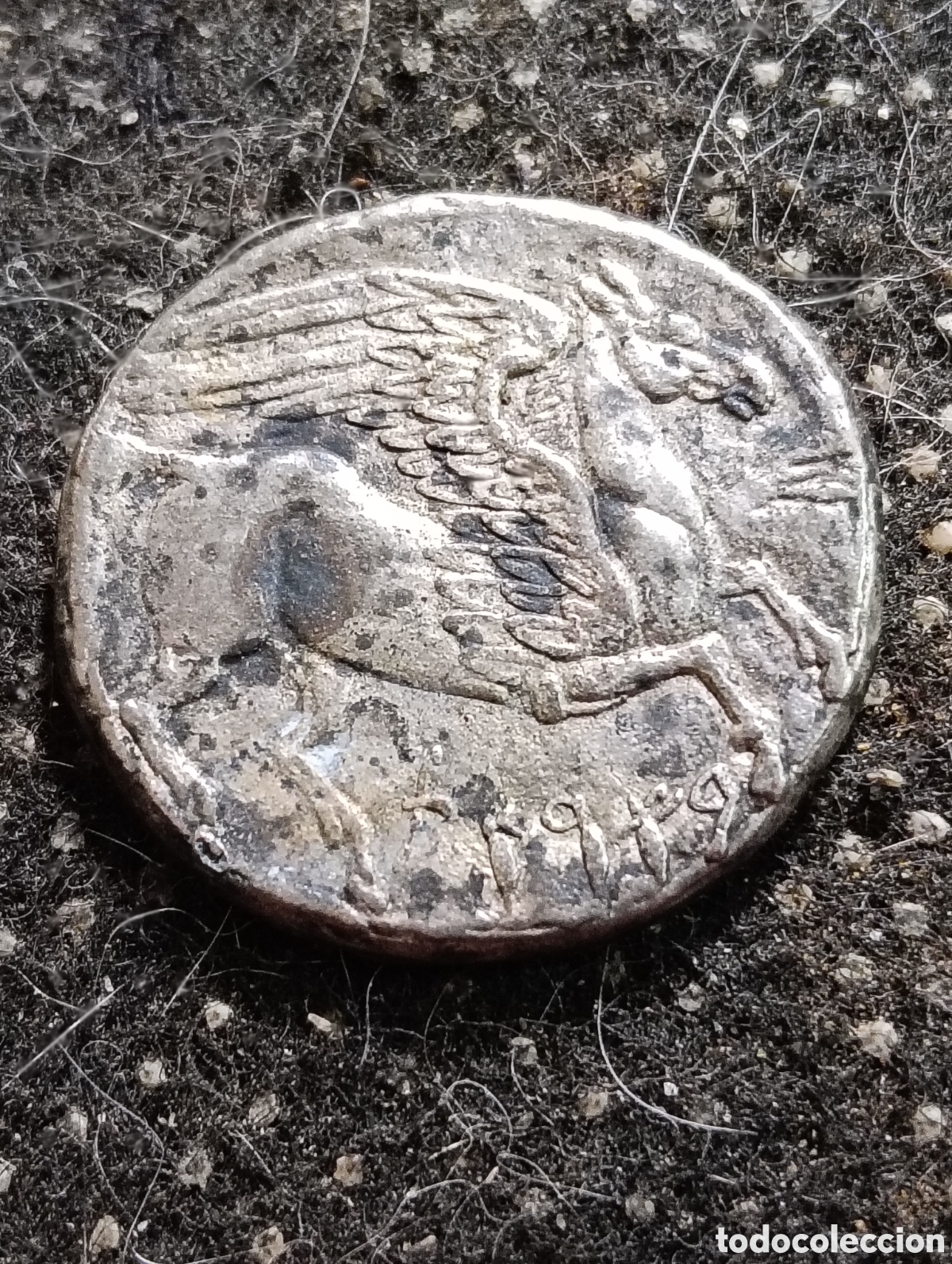 Reproducciones billetes y monedas: R&eacute;plica de un Decadracma de una moneda antigua de Cartago que muestra a Pegaso en el reverso.