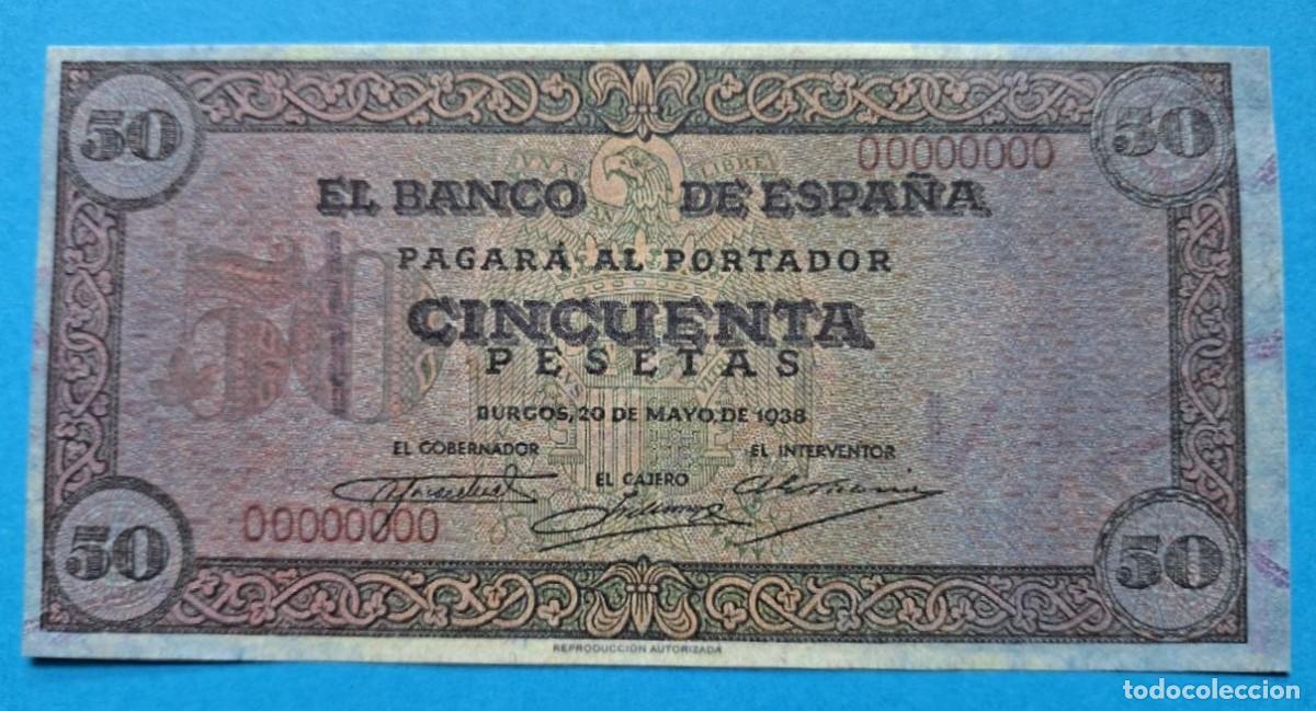 Reproducciones billetes y monedas: Billete 00000000 de 50 Pesetas de ESPA&Ntilde;A 1938 Facs&iacute;mil reproducci&oacute;n autorizada, plancha