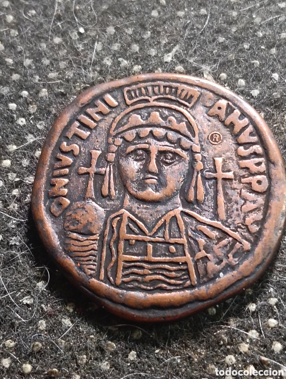 Reproducciones billetes y monedas: R&Eacute;PLICA DE UN FOLLIS BIZANTINO DE JUSTINIANO I CECA CONSTANTINOPLA, 4 cm