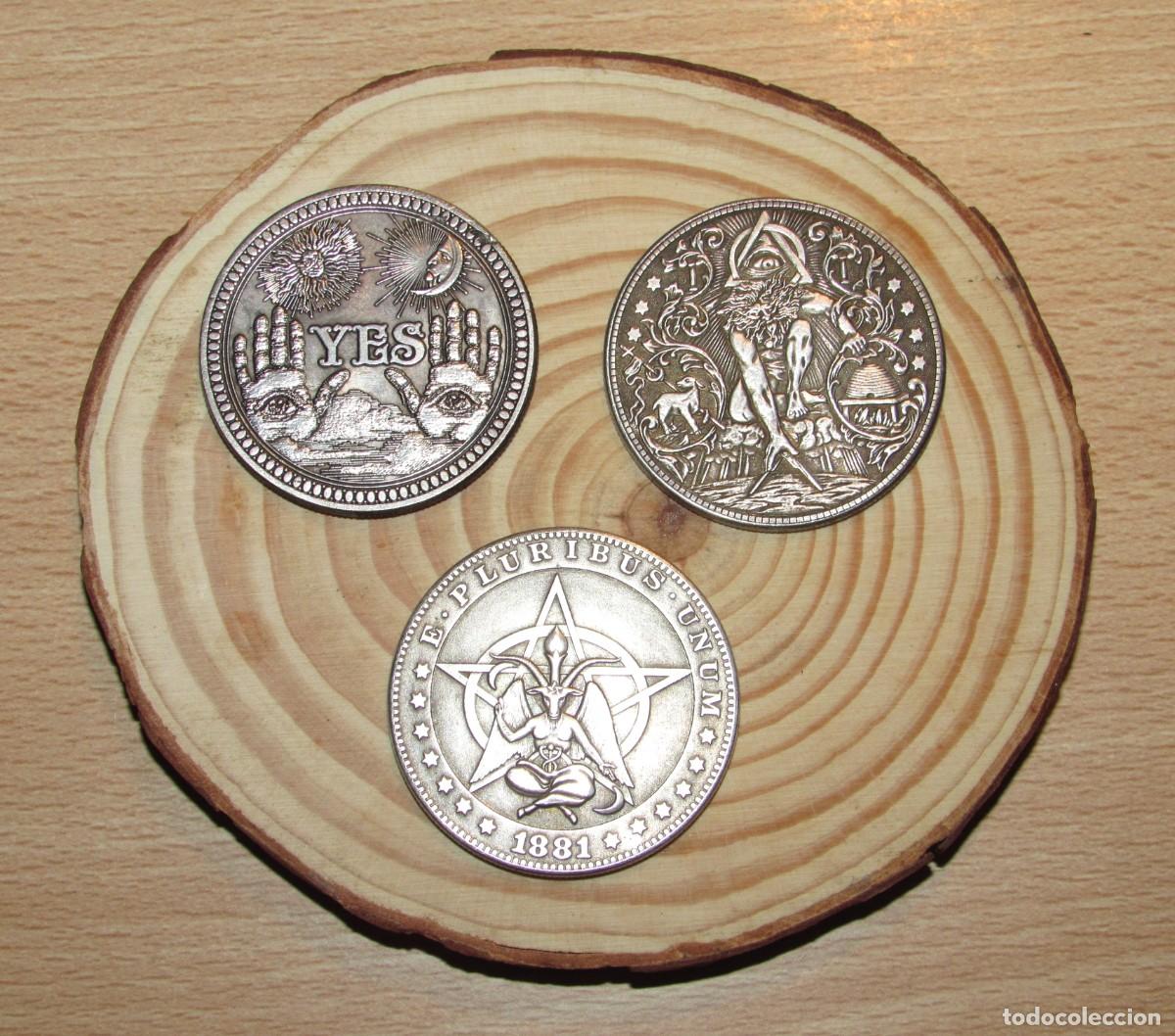 Reproducciones billetes y monedas: Lote 3 monedas dise&ntilde;o g&oacute;tico art&iacute;stico fantas&iacute;a ocultista pent&aacute;gono diablo Ojo providencia