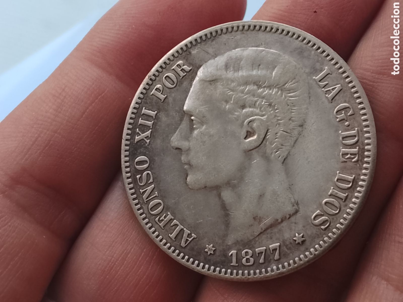 Reproducciones billetes y monedas: Duro falso de 5 pesetas Alfonso XII 1877