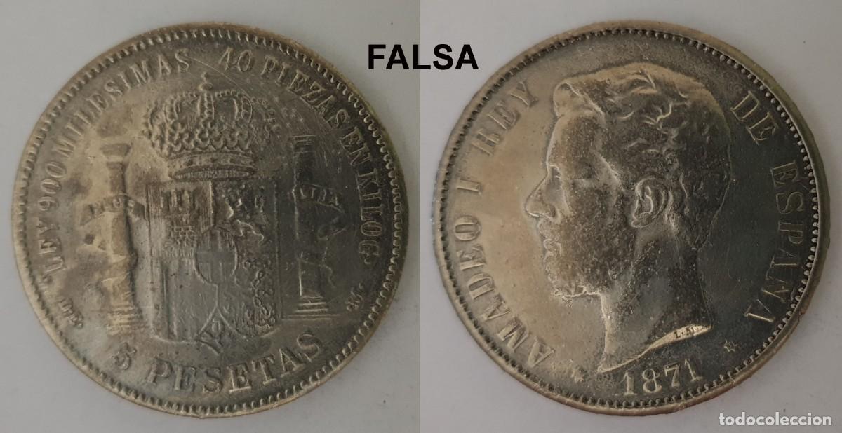 Reproducciones billetes y monedas: Reproducci&oacute;n / Falsa de &Eacute;poca - 5 Pesetas 1871 Amadeo I - Pieza de Estudio / Coleccionismo Numism&aacute;ti