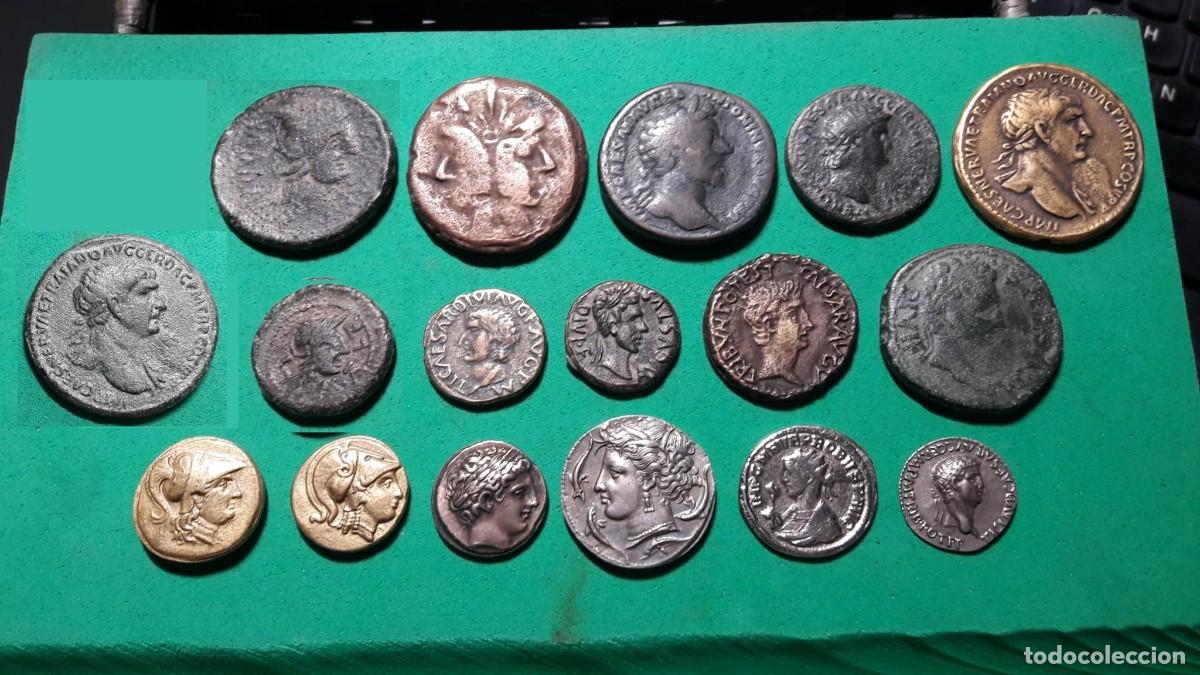 Reproducciones billetes y monedas: Lote Reproducci&oacute;n de Monedas Antiguas Romanas - Griegas - Celt&iacute;beras -19pz. + moneda en regalo
