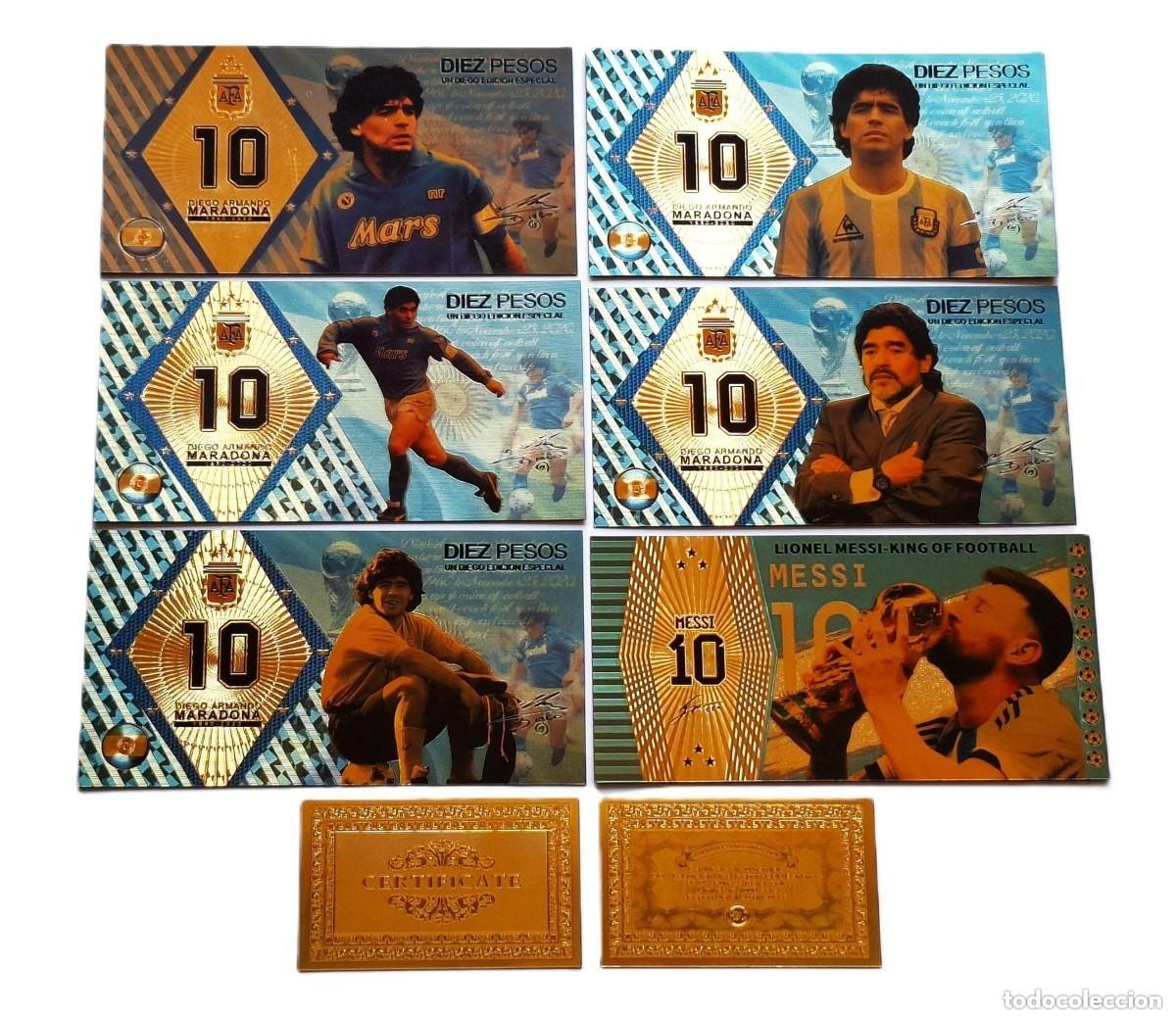 Reproducciones billetes y monedas: COLECCION - BILLETES - LAMINAS DE ORO 24.kt. MARADONA & MESSI + CERTIFICADOS